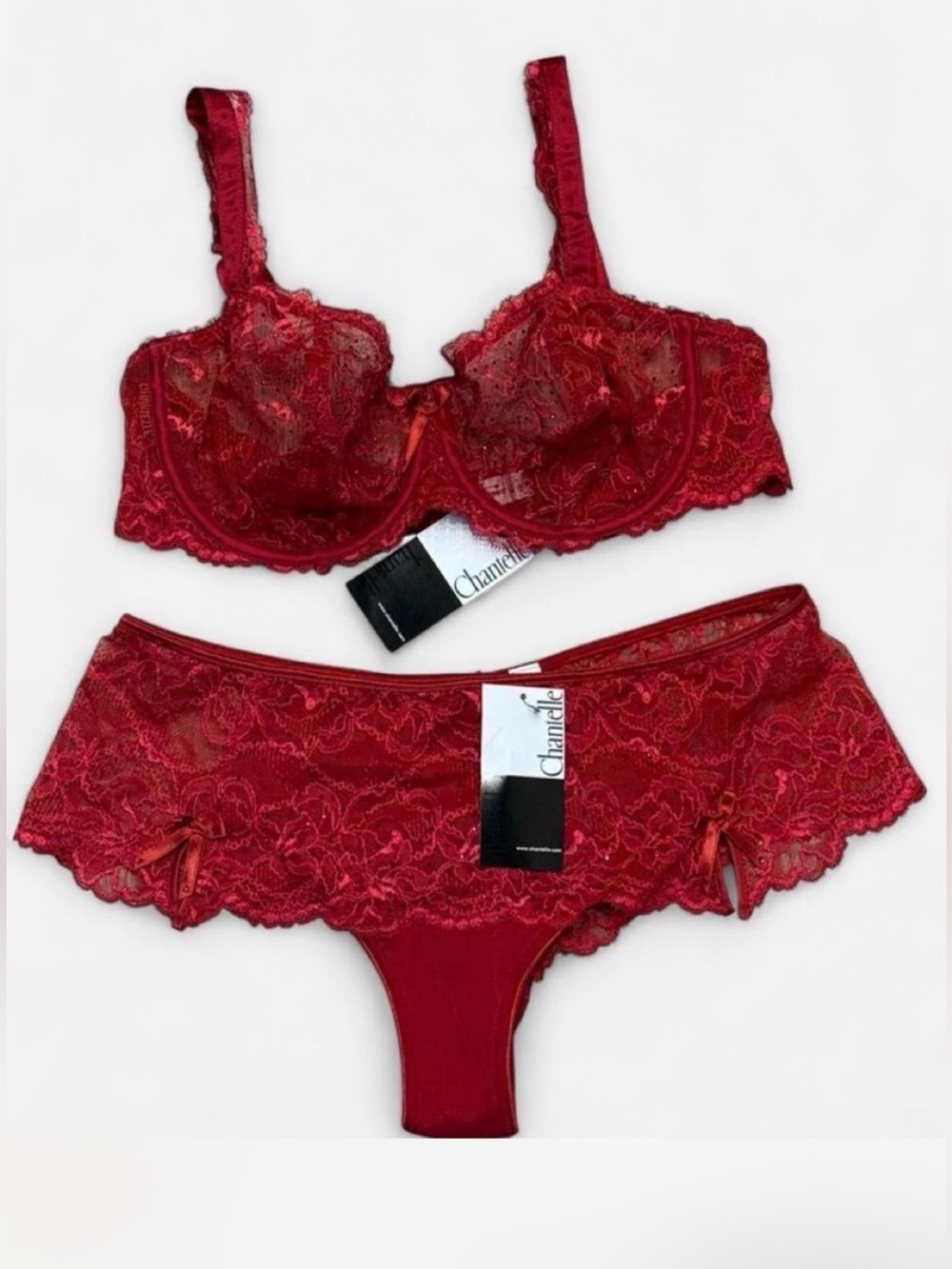 Chantelle 3807 ROUGE 36D French Lace Bra + L Panties Set with Crystals $200 NWT